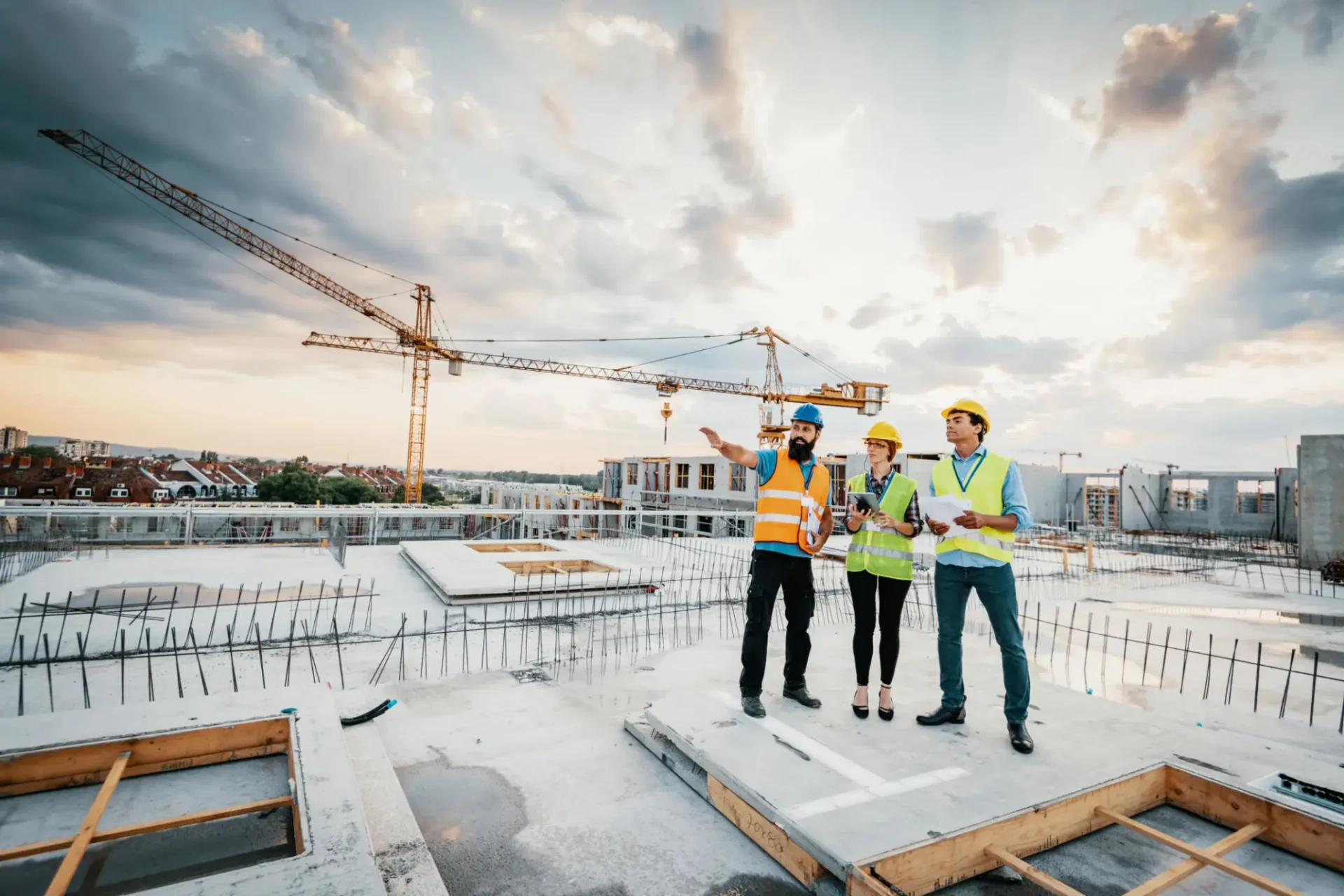 Construction workers discussing building site plans.