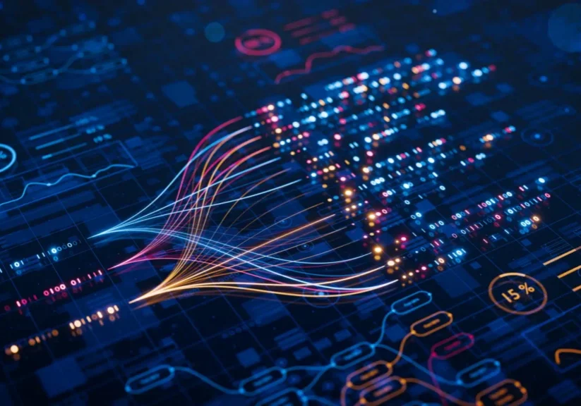 Abstract digital data streams forming illuminated network